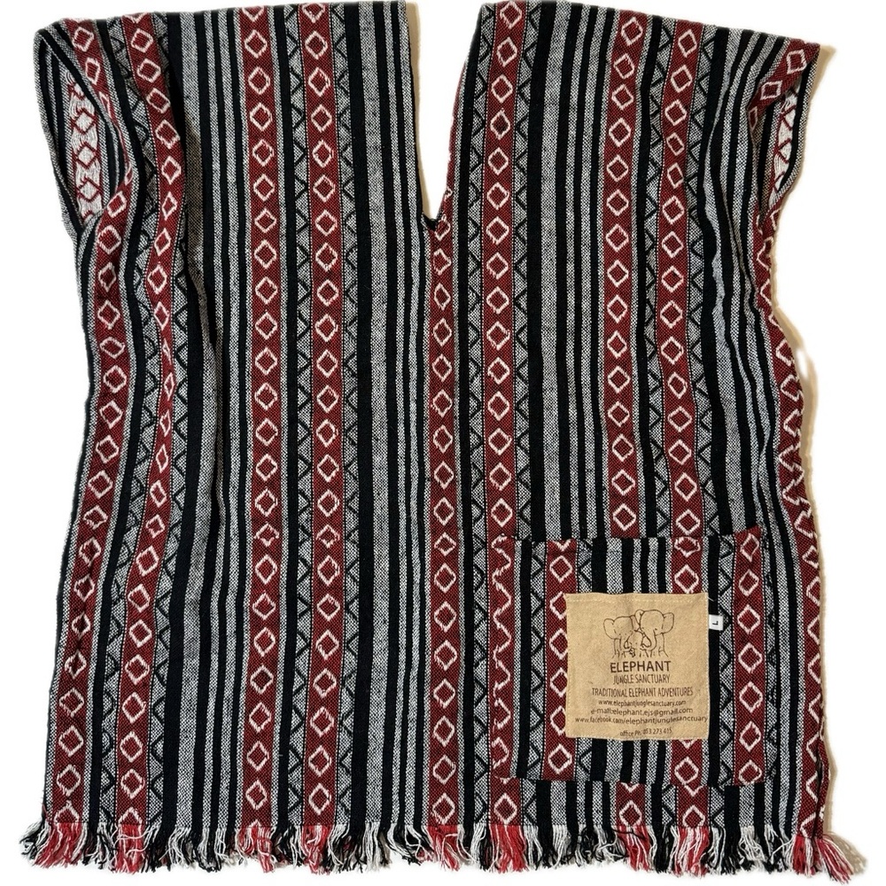 Elephant Jungle Sanctuary Handwoven Striped Red and Black Poncho